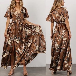NWT Baltic Born Sicily Satin Maxi Dress mocha floral brown short sleeve